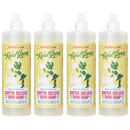 Rebel Green Dish Soap - Powerful, Natural & Hypoallergenic, Peppermint Lemon - 16oz, Pack of 4