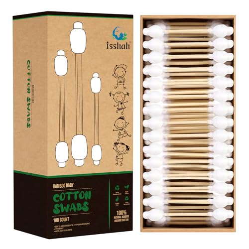 Isshah Baby Cotton Swabs - Hypoallergenic, Bamboo Handle, 100% Biodegradable - 108 Count