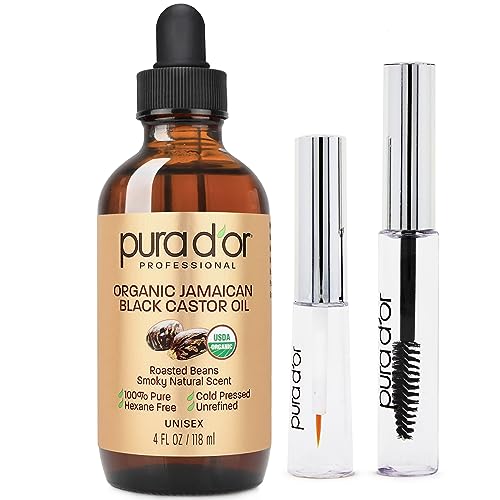 PURA D'OR Organic Jamaican Black Castor Oil - 100% Pure, Cold Pressed, 4 Oz, Bonus Applicators