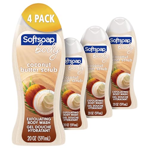 Softsoap Body Wash - Exfoliating Coconut Butter, Paraben-Free, Biodegradable - 20oz, 4 Pack