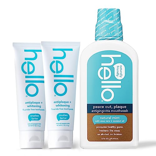 Hello Antiplaque Toothpaste & Antigingivitis Mouthwash - Natural Whitening, Vegan - 2x4.7oz & 16oz