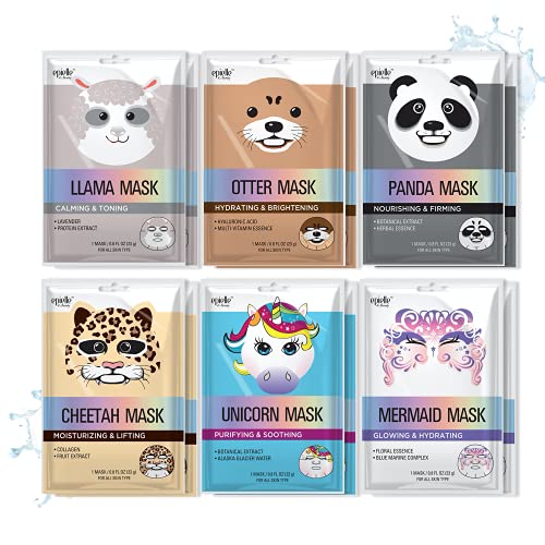 Epielle Character Skin Care Mask - Hydrating, Fun Animal Designs, 12-Pack for All Skin Types