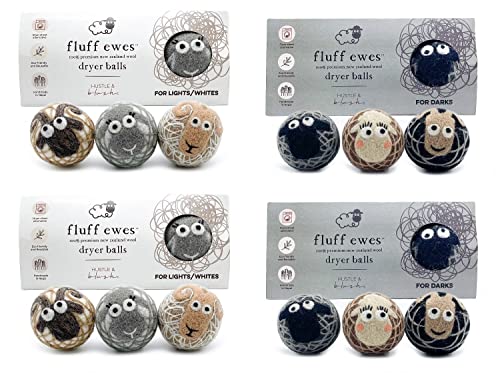 Fluff Ewes Wool Dryer Balls - Natural Fabric Softener, Hypoallergenic, 12 Pack Bundle