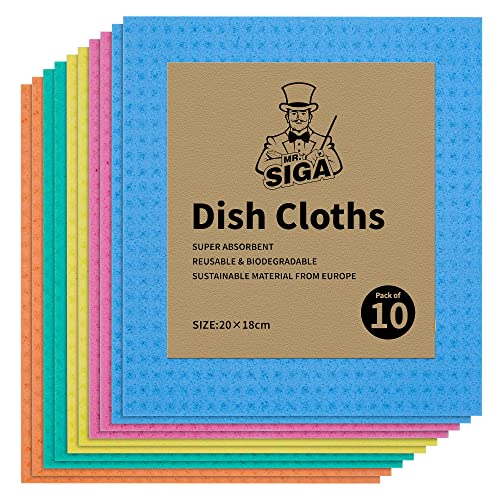 MR.SIGA Reusable Dish Cloths - Super Absorbent, Biodegradable Cellulose, 10 Pack, Multi Colors