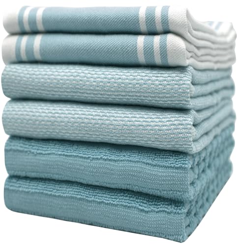 Bumble Kitchen Towel Set - Highly Absorbent, 100% Cotton, Includes Tote Bag - Aqua Striped, 6 Pack