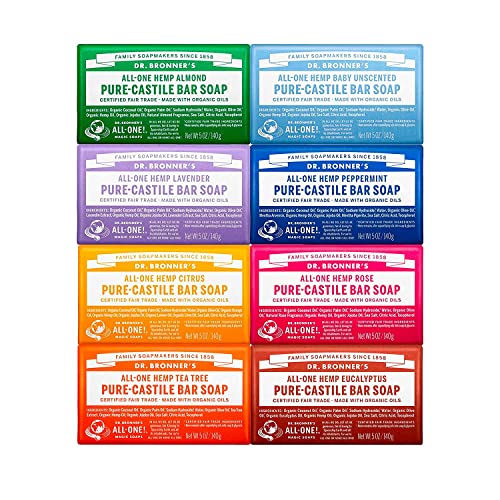 Dr. Bronner's Body Soap Variety Pack - Organic Oils, Vegan Ingredients - 8 Bars, 5oz Each