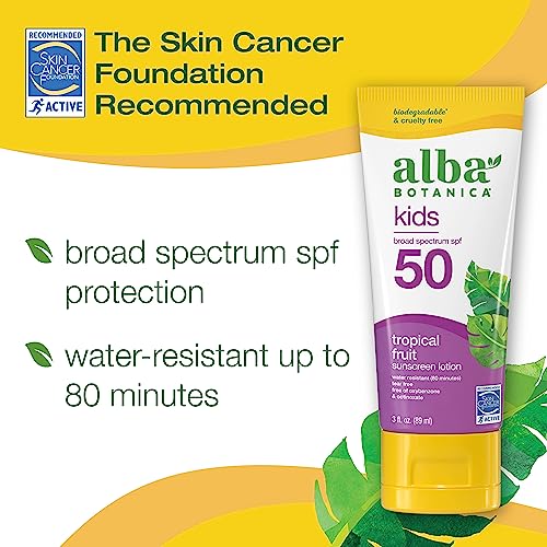 Alba Botanica Kids Sunscreen - Broad Spectrum SPF 50, Water Resistant, Tropical Fruit - 3 fl oz