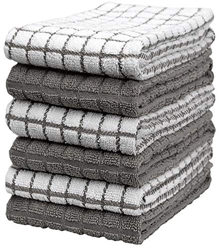 Bumbles Kitchen Towels - Highly Absorbent Natural Cotton, Soft & Durable - 6 Pack, Gray Check