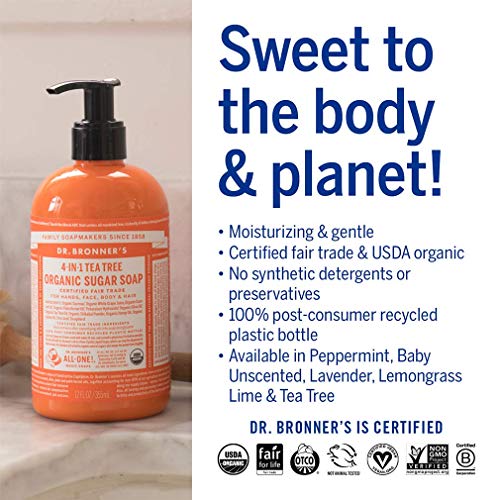 Dr. Bronner's Organic Sugar Soap - Nourishing & Hydrating, 4 Scents, 100% Recycled Packaging - 12oz