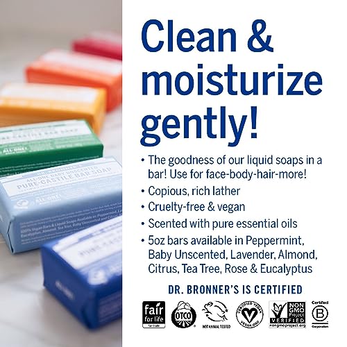 Dr. Bronner's Pure-Castile Bar Soap - Gentle Moisturizing, Organic Oils, Vegan - Almond, 5oz