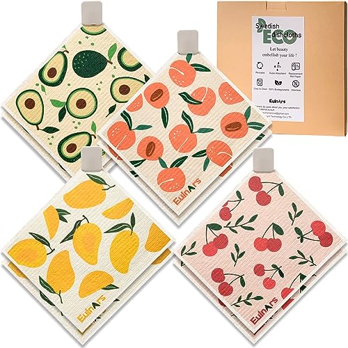 Eulnars Swedish Dish Cloths - Super Absorbent, Biodegradable, Reusable, 8 Pack with Clips