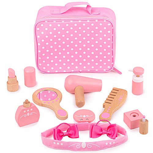 Bigjigs Toys Wooden Kids Vanity Case - 11pc Pretend Play Set, Non-Toxic, Includes Pink Bag