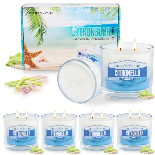 Natural Citronella Candles - Long-Lasting Mosquito Repellent, 2 Wick, 6 Pack, 360+ Hours