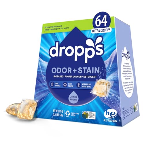 Dropps Laundry Detergent Pods - Stain & Odor Removal, Biobased Formula, Lavender Meadow - 64 Count