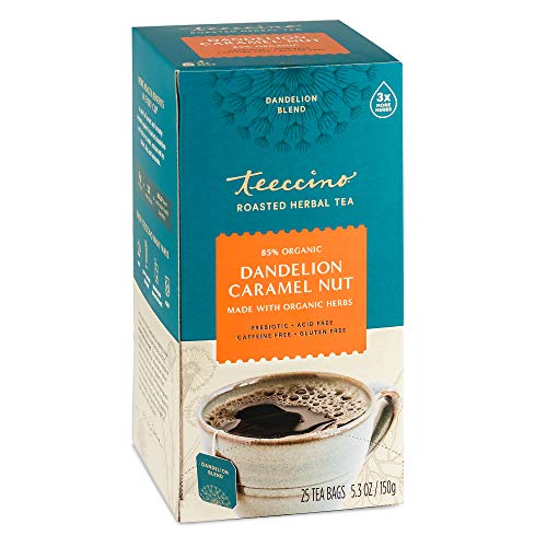 Teeccino Dandelion Caramel Nut Tea - Caffeine Free, Prebiotics for Gut Health - 25 Bags