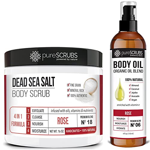 pureSCRUBS Rose Body Scrub & Oil Bundle - Exfoliates, Nourishes, Hydrates - 12oz