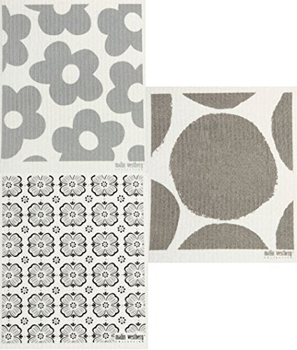 Trendy Tripper Swedish Dishcloths - Absorbent, Biodegradable Material, 3 Grey Designs