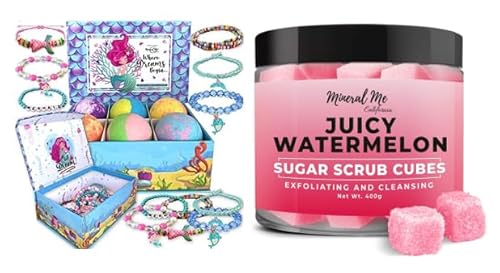 Mermaid Bath Bombs - Exfoliating Skin Moisturizer with Jewelry, Watermelon Scent - 12oz