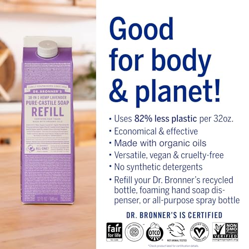 Dr. Bronner's Body Soap Refill - Organic Ingredients, 82% Less Plastic - Lavender, 32oz