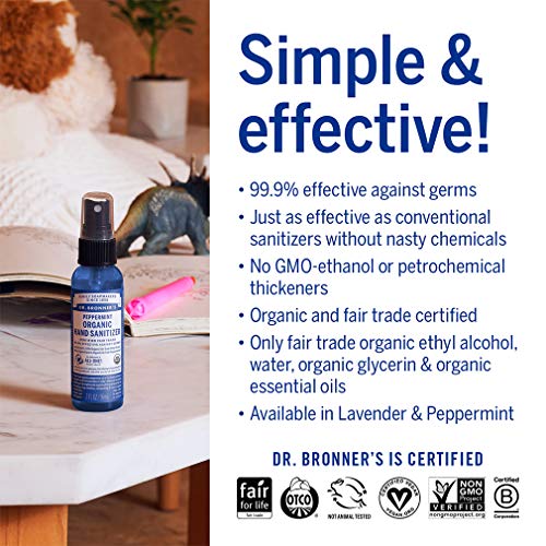 Dr. Bronner's Organic Hand Sanitizer Spray - Cleans & Moisturizes, 4 Simple Ingredients - 2oz 2-Pack