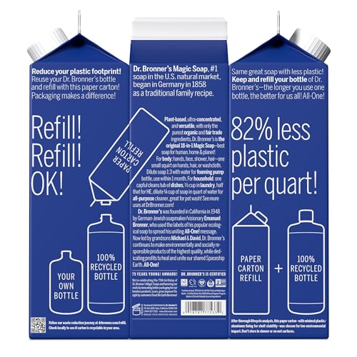 Dr. Bronner's Pure-Castile Liquid Soap Refill - 18-in-1 Uses, Organic Ingredients, Peppermint - 32oz