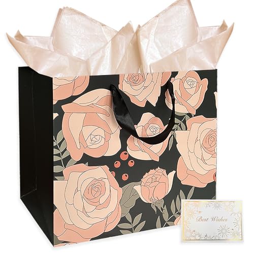 AMROSE Large Rose Gift Bag - Durable, Recyclable, Elegant Design with Card & Tissue - 13"