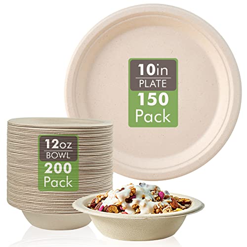 Vplus Compostable Paper Plates & Bowls - Heavy-Duty, Biodegradable Bagasse - 150 Plates, 200 Bowls