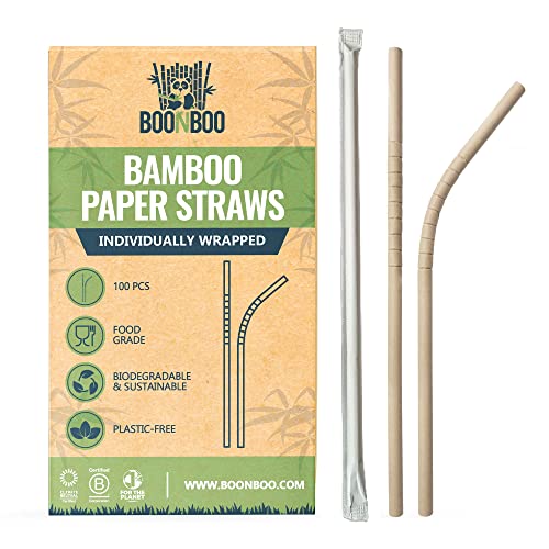 BOONBOO Bamboo Paper Straws - PFAS-Free, Durable & Bendable, Individually Wrapped - 100 Counts