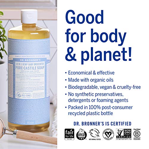 Dr. Bronner's Pure Castile Soap - 18-in-1 Uses, Organic Oils, Gentle for Sensitive Skin - 32oz