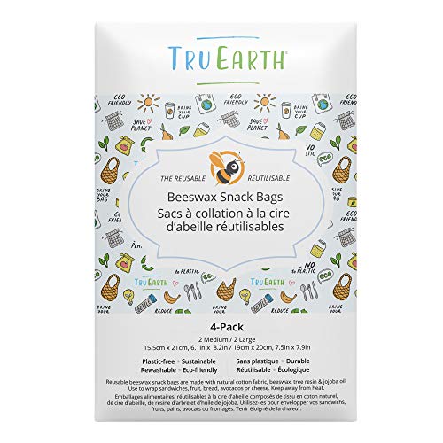 Tru Earth Beeswax Snack Bags - Reusable Food Storage, Biodegradable Materials - 4 Pack