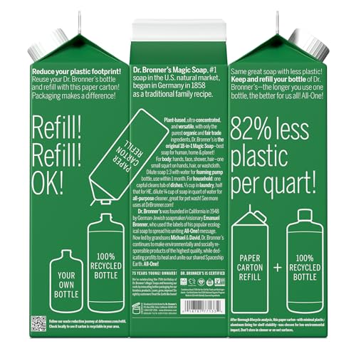 Dr. Bronner's Body Soap Refill - Organic Oils, 82% Less Plastic, 18-in-1 Uses - 32oz Almond