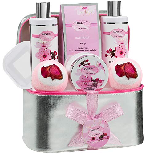 Lovery Bath and Body Set - Cherry Blossom Infusion, Paraben-Free, Travel Case Included - 8 Piece