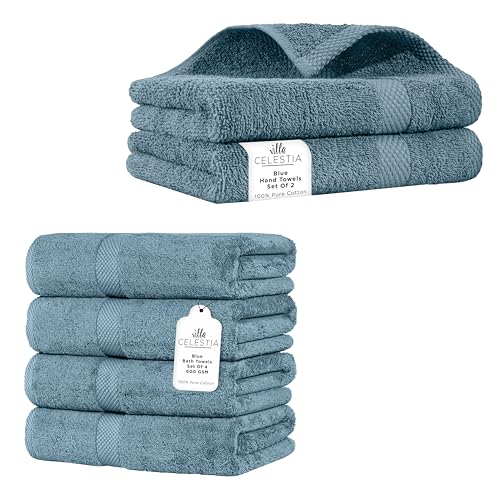 Premium 100% Cotton Towel Set - Plush & Absorbent, OEKO-TEX Certified - 6 Pieces in Blue