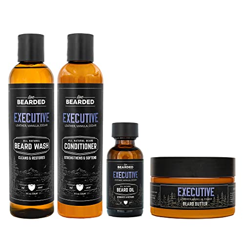 Live Bearded Men's Grooming Set - All-Natural Ingredients, 4-Step Beard Care Kit - Executive Scent