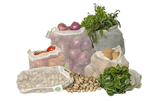 Organic Cotton Mesh Produce Bags - Durable, Washable, Tare Weight, 6 Sizes for Fruits & Veggies