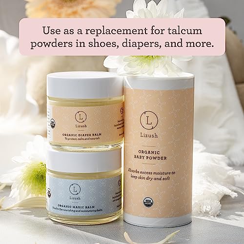 Lizush Organic Baby Powder - Talc-Free Moisture Absorber with Calendula & Arrowroot - 3oz