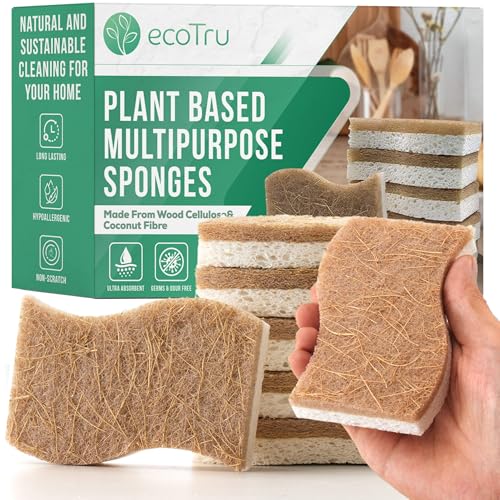 ecoTru Kitchen Sponges - Compostable Cellulose & Coconut, Non-Toxic, 6 Pack