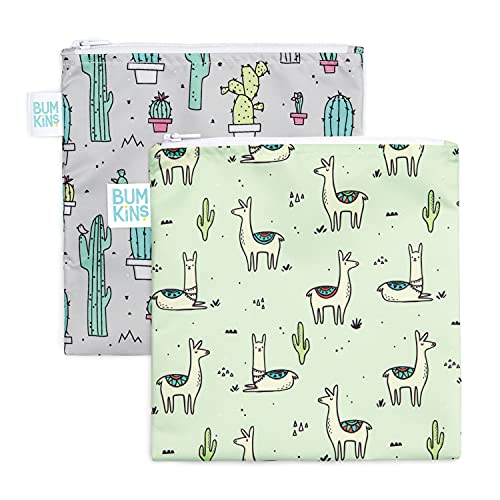 Bumkins Reusable Food Storage Bags - Waterproof, BPA-Free, Washable Fabric, 2-Pack Cactus & Llama