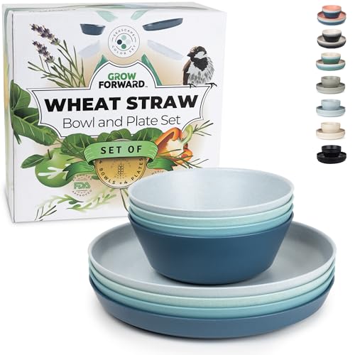 Grow Forward Wheat Straw Plates & Bowls Set - Unbreakable, Microwave & Dishwasher Safe - 8pcs