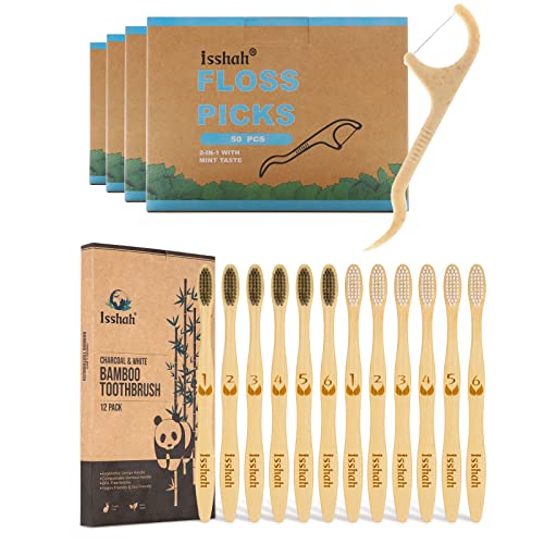 Isshah Dental Floss Picks - Fresh Mint Clean, Bamboo Charcoal Toothbrush, 200 Picks, 12 Brushes