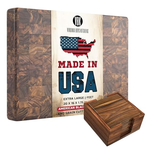 End Grain Walnut Cutting Board with Feet - Durable, Plant-Based, 20x16x1.75 inches + 4 Coasters