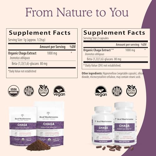 Real Mushrooms Chaga Capsules - Immune & Digestive Support, Organic & Non-GMO - 120 Vegan Caps