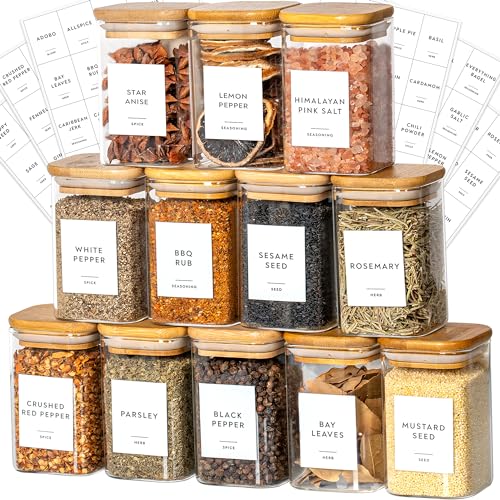 Laramaid Glass Food Storage Jars - Moisture-Proof, Bamboo Lids, Custom Labels - 9oz 12-Pack