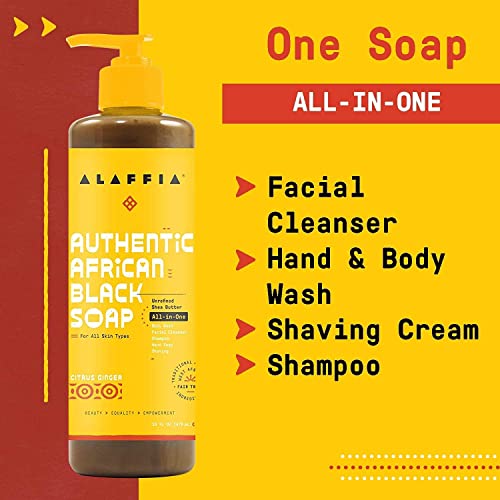 Alaffia Authentic African Black Soap - Detoxifying Body Wash, Facial Cleanser & Shampoo - 16 Fl Oz