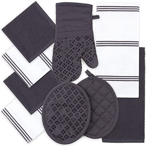 Kitchen Linens Set - Absorbent 100% Cotton, Non-Slip Grip, 9-Piece Collection in Gray