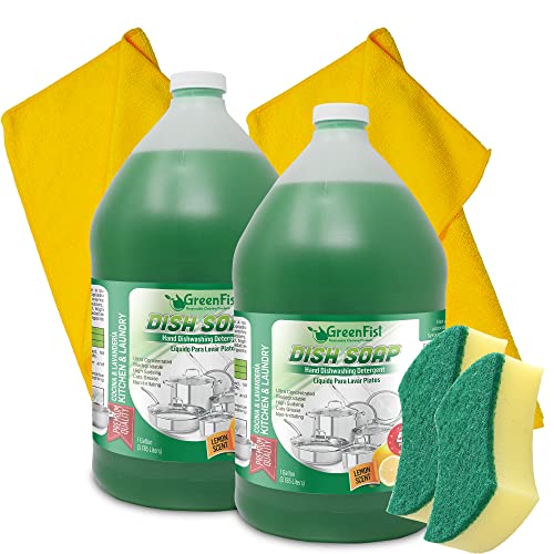 GreenFist Dish Soap - Tough on Grease, Biodegradable Ingredients, Lemon Scent - 128oz Refill