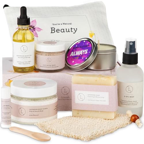 Lizush Bath & Body Gift Set - All-Natural Lavender Spa Essentials, Handmade in the USA - 9 Pieces