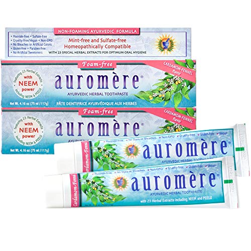 Auromere Herbal Toothpaste - Cardamom-Fennel Flavor, Vegan & Non-GMO - 4.16oz, 2 Pack