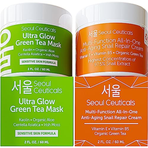 SeoulCeuticals Korean Skin Care Set - Hydrating Green Tea Mask & Snail Cream for Radiant Skin