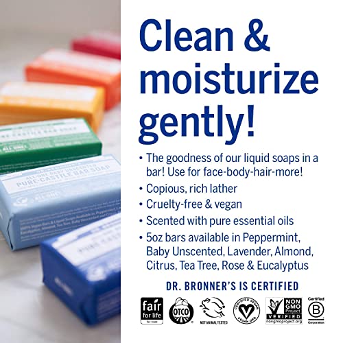 Dr. Bronner's Body Soap Variety Pack - Organic Oils, Vegan Ingredients - 8 Bars, 5oz Each